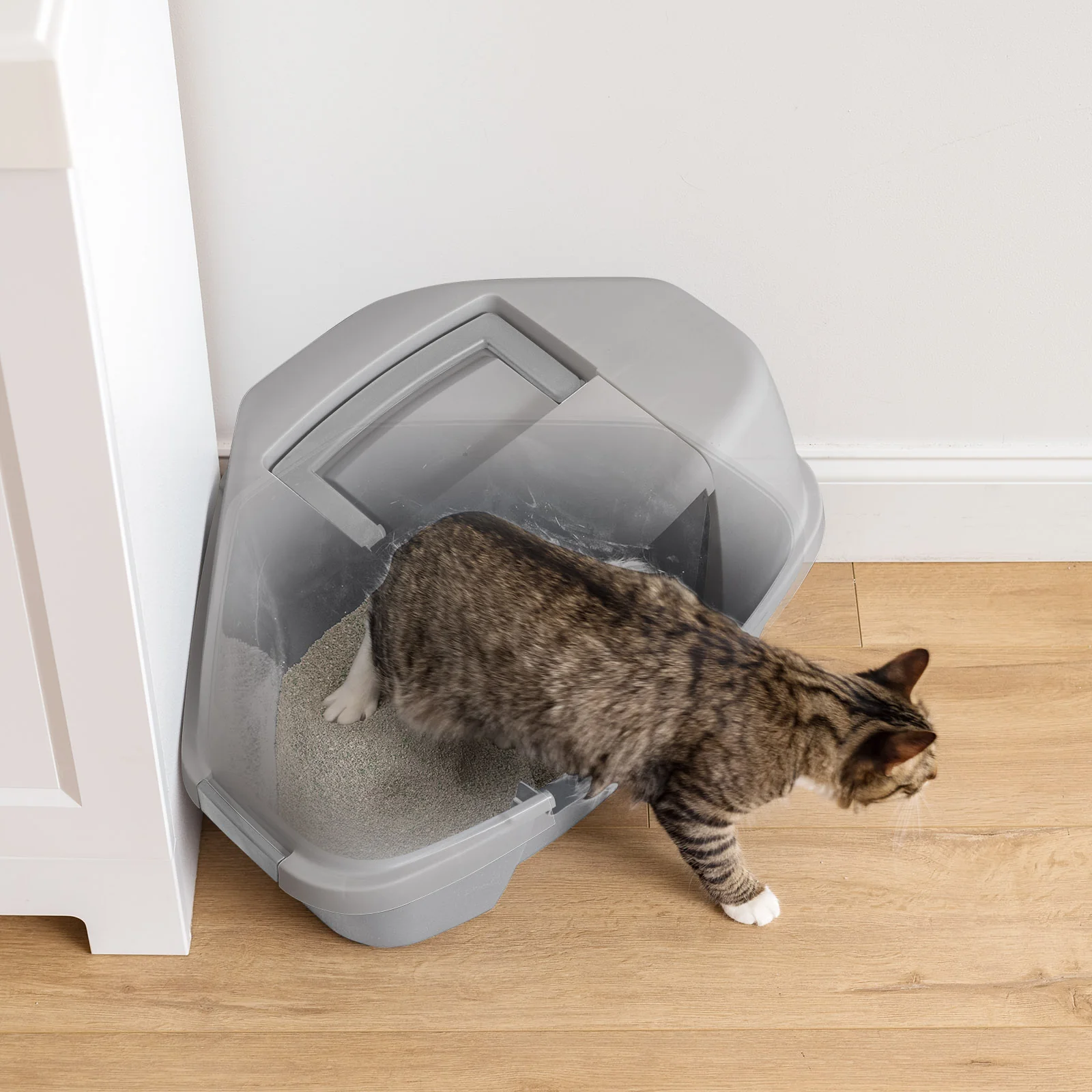 Large Hooded Corner Litter Box with Scoop, Gray - Image 15