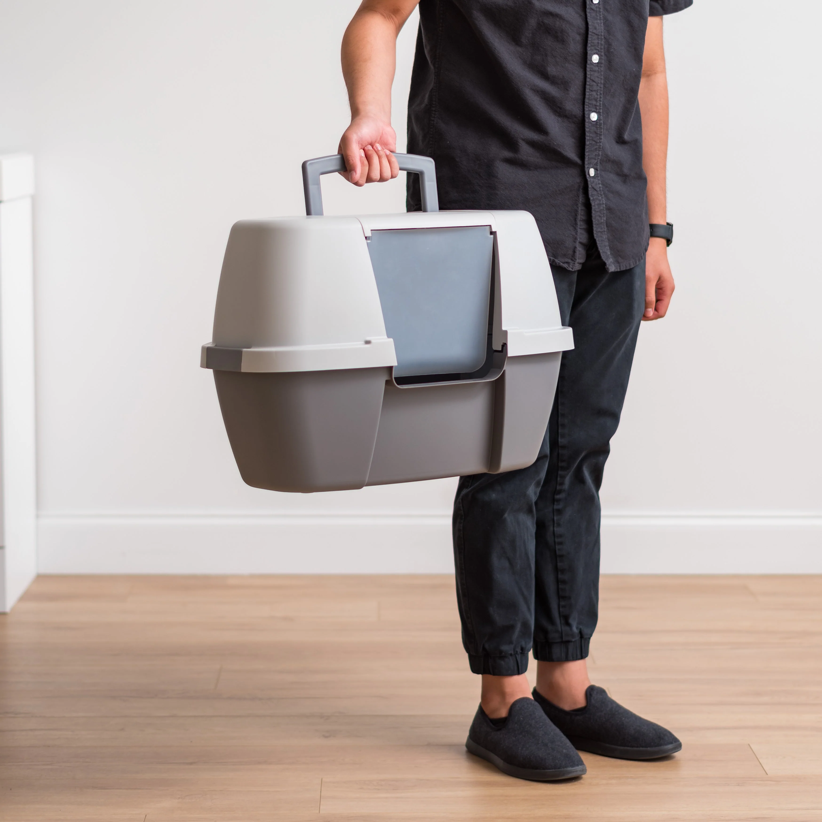 Large Hooded Corner Litter Box with Scoop, Gray - Image 6