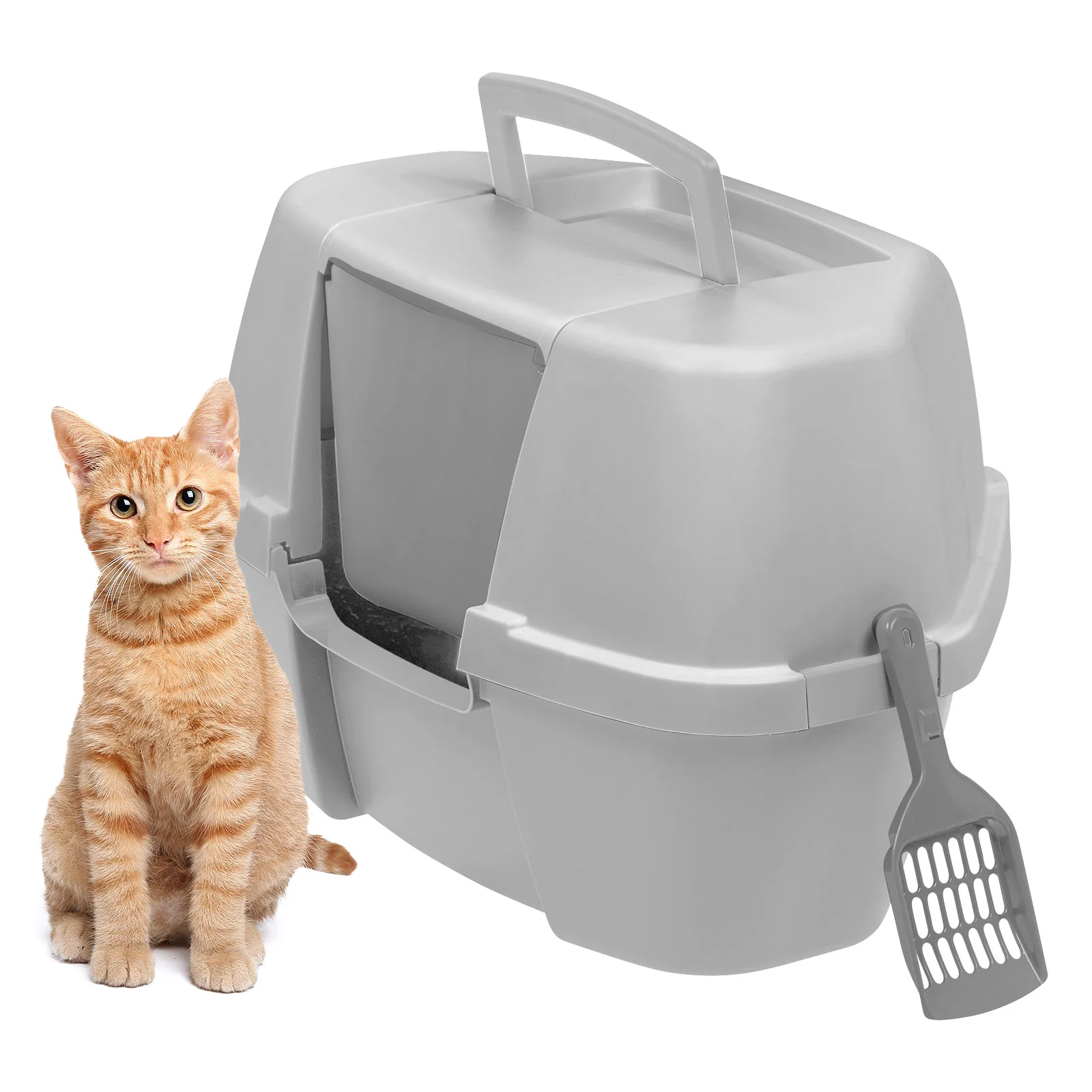 Large Hooded Corner Litter Box with Scoop, Gray - Image 9