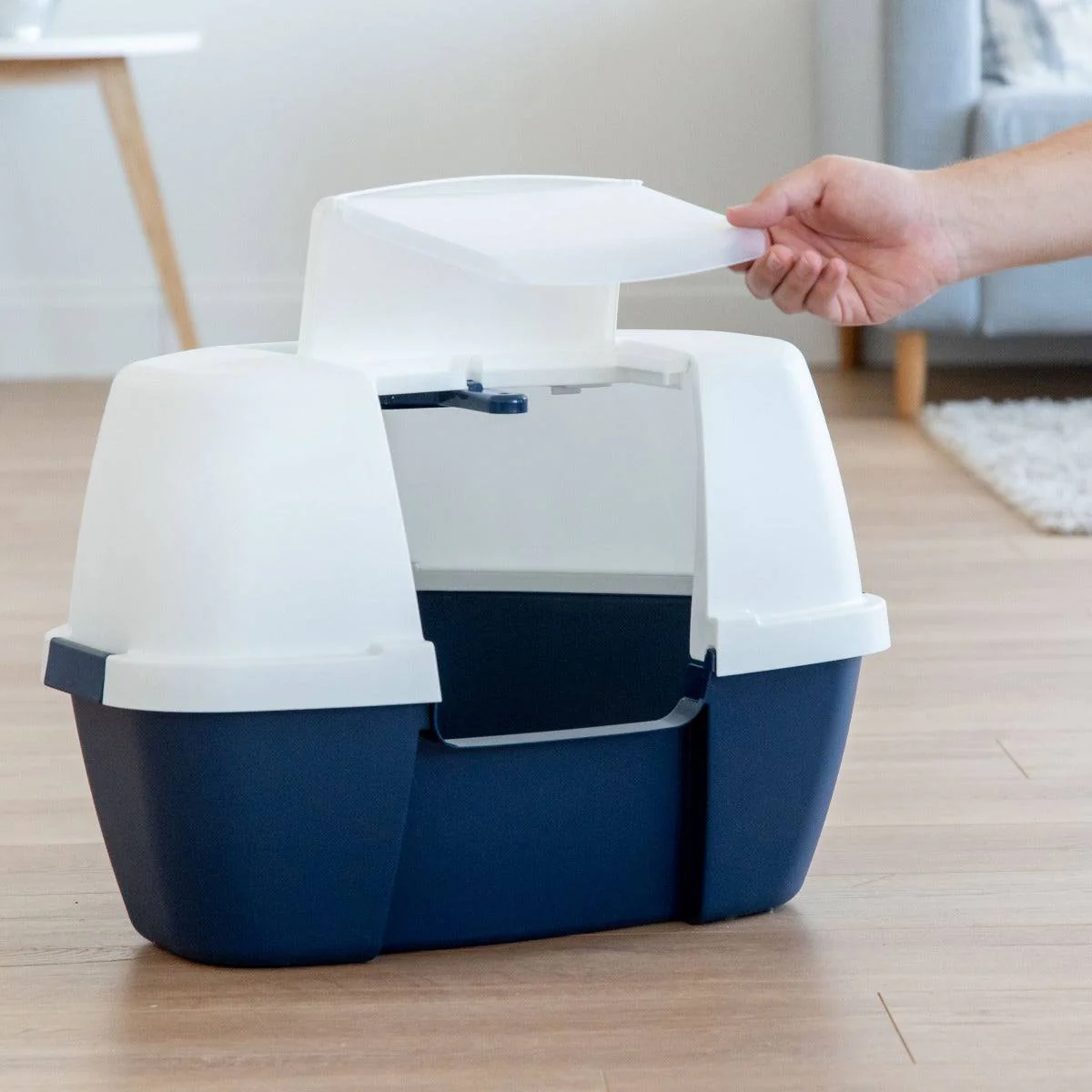 Large Hooded Corner Litter Box with Scoop, Navy - Image 4