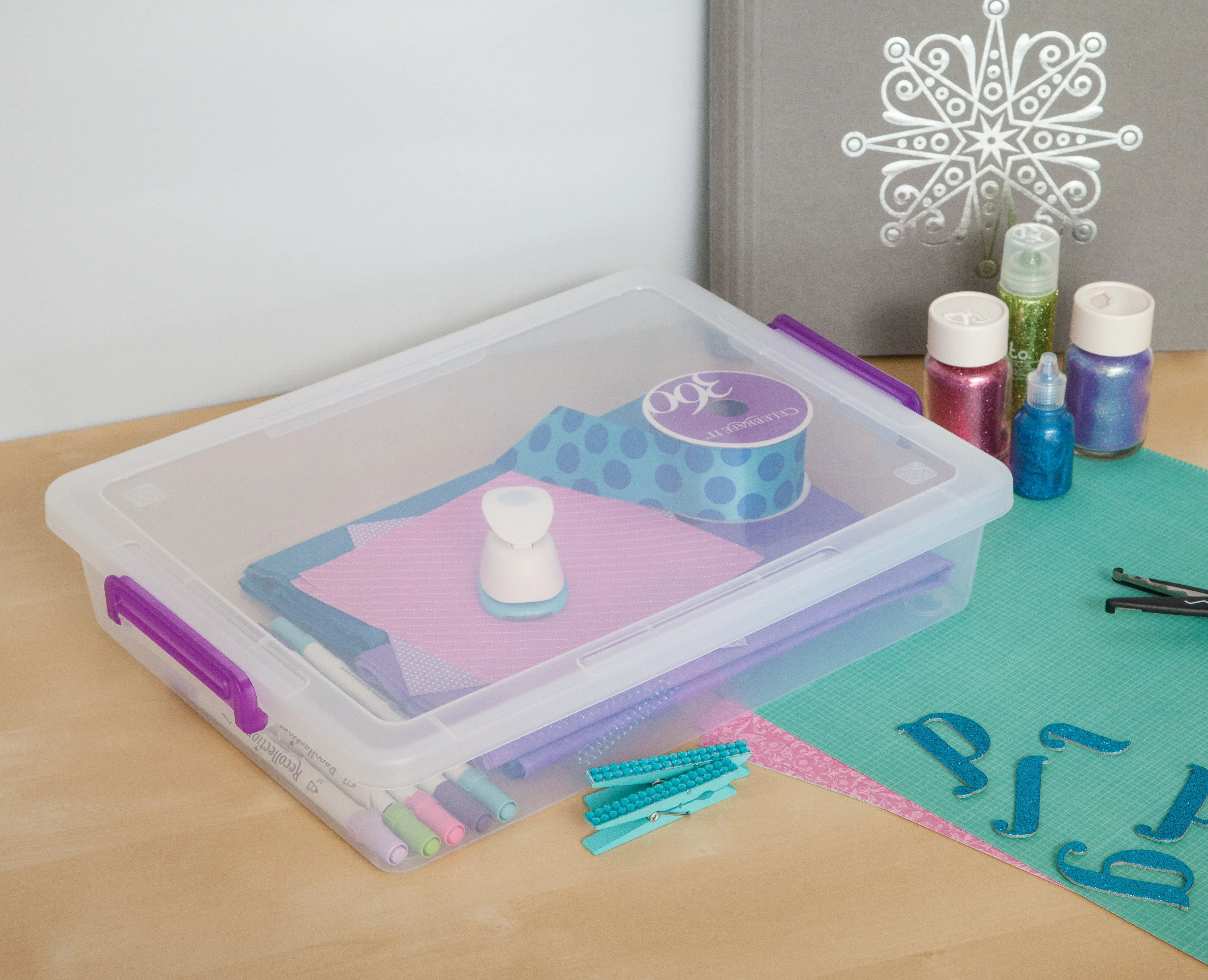 Large Modular Latching Box - Purple Handle, 6 Pack, Clear - Image 5