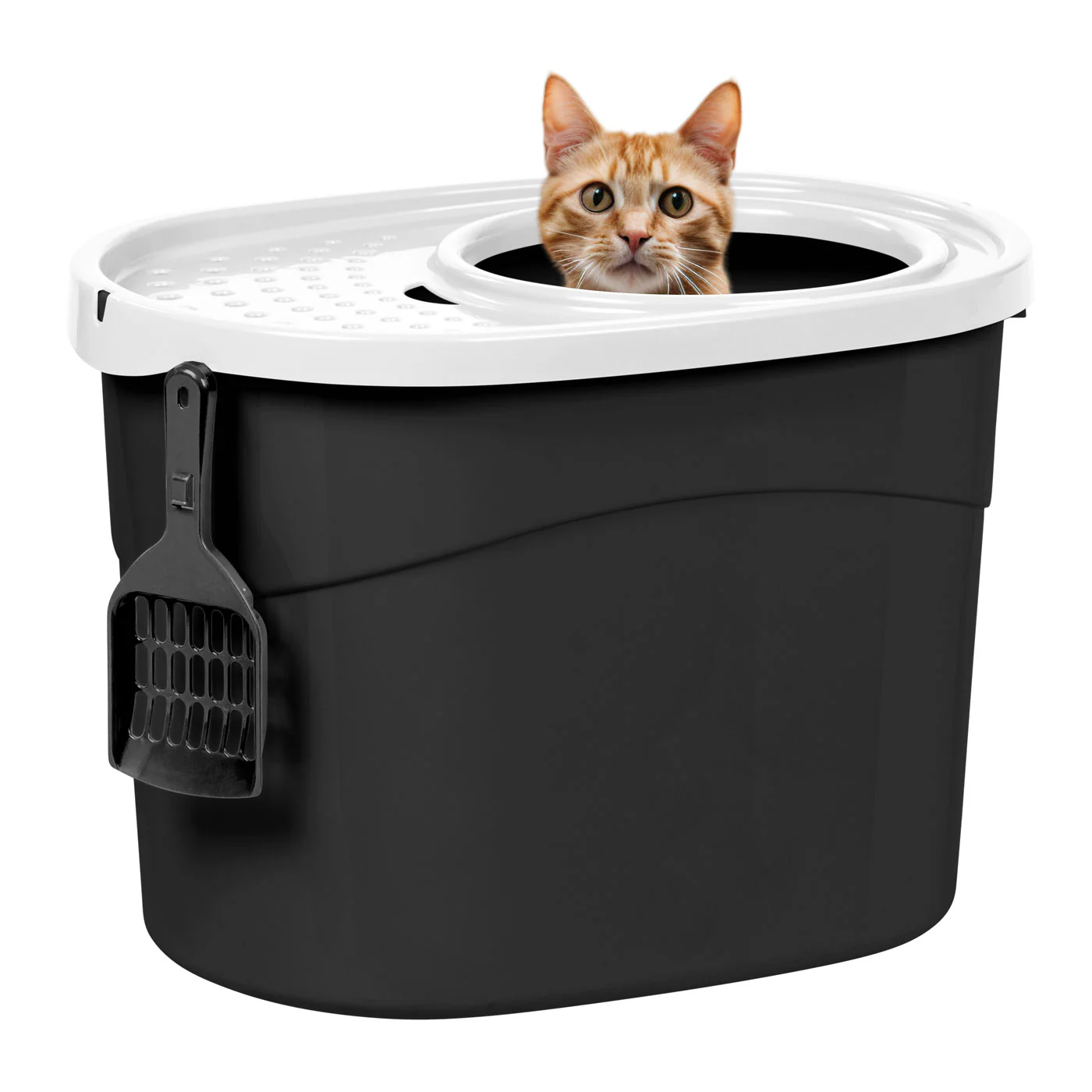 Large Top Entry Cat Litter Box with Litter Catching Lid & Scoop | Enclosed Design, Black/White