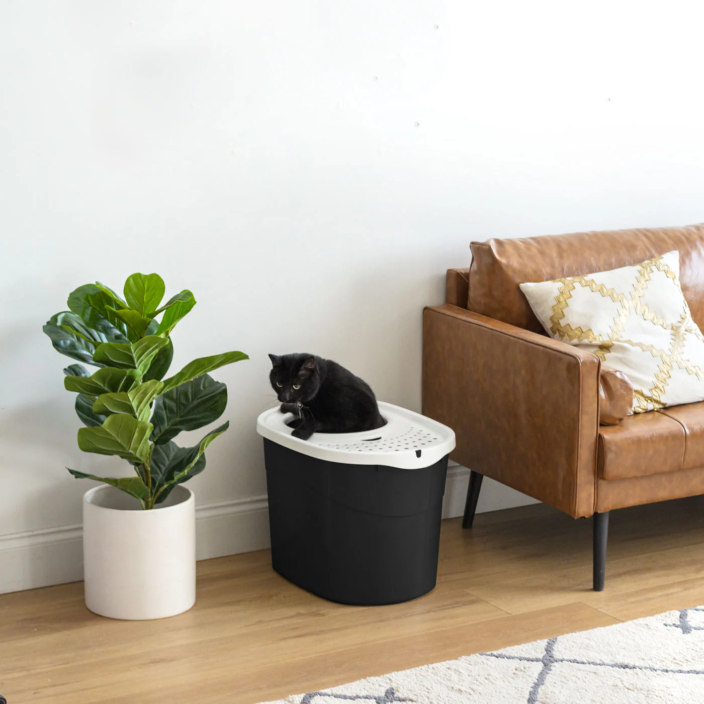 Large Top Entry Cat Litter Box with Litter Catching Lid & Scoop | Enclosed Design, Black/White - Image 2