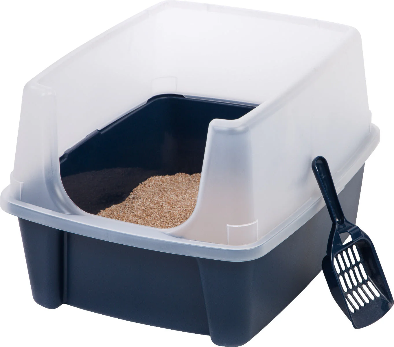 Open-Top Cat Litter Box with Shield and Scoop, Navy - Image 9
