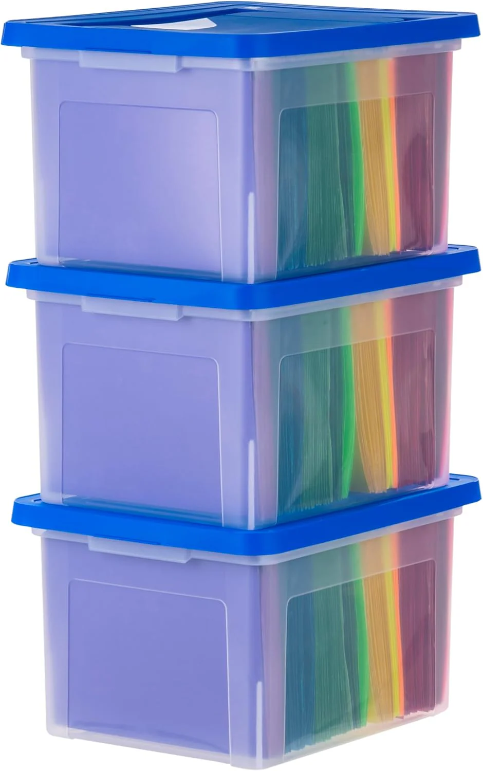 Plastic File Organizer Box With Lids Clear/Blue 35 Qt. 3 Pack