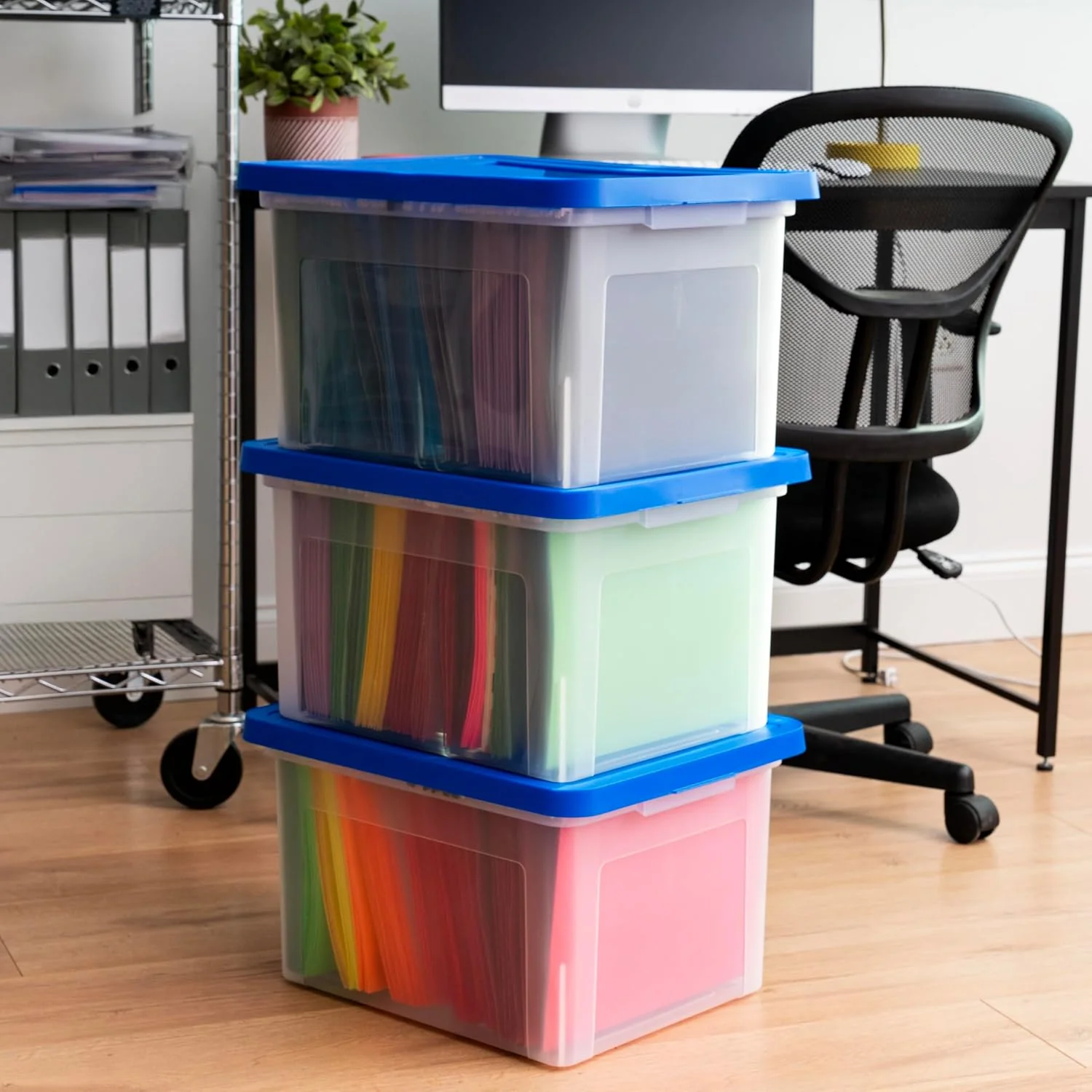 Plastic File Organizer Box With Lids Clear/Blue 35 Qt. 3 Pack - Image 4