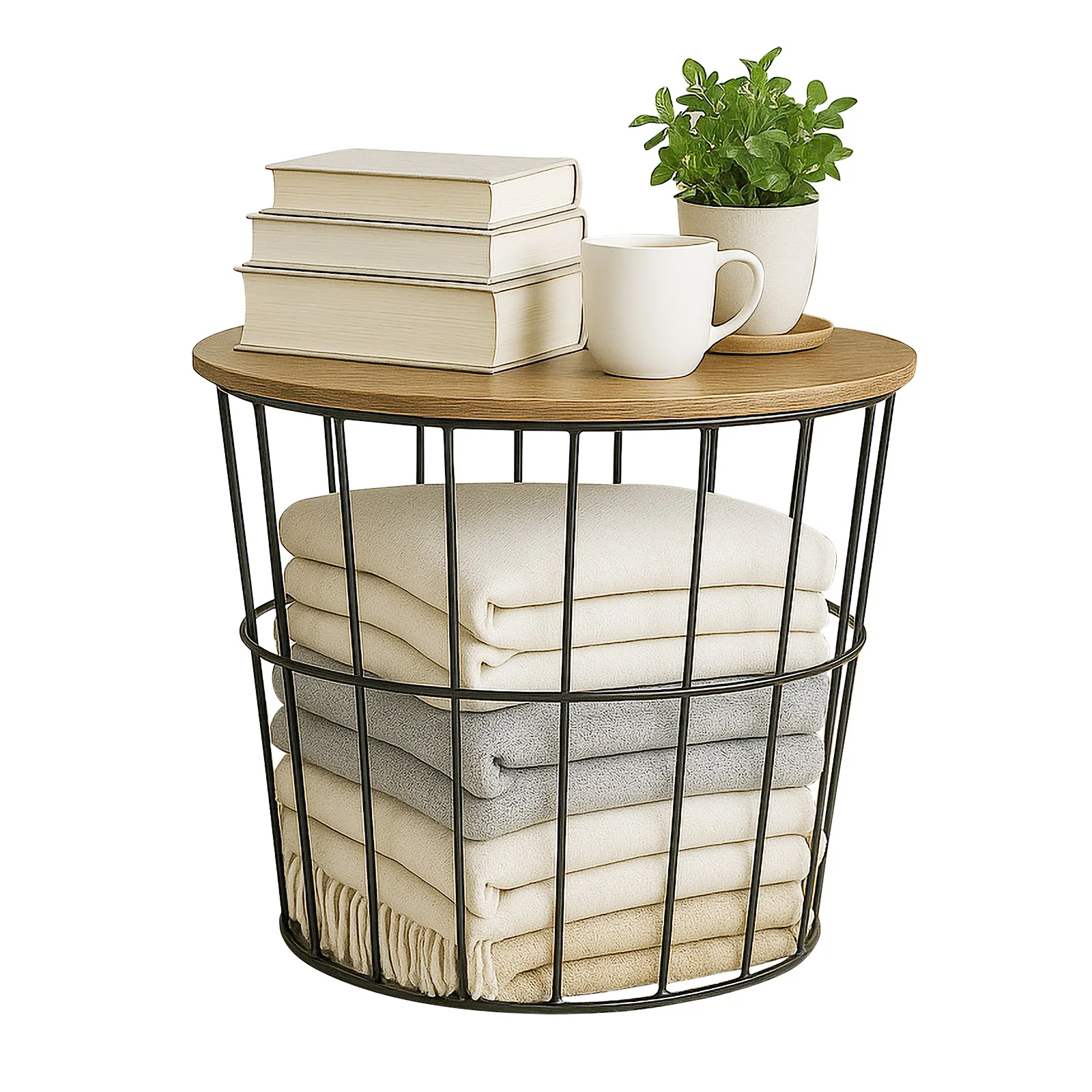 Round Wire Basket with Wooden Lid 2 Pack