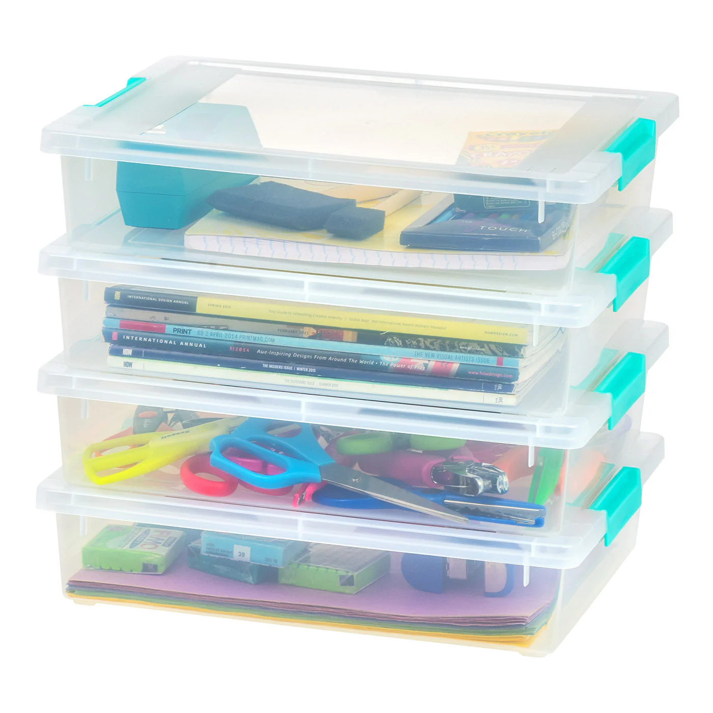 Storage-Bins with Lids, File Clip-Box, Organization and Storage Container for Office, School, Kids room, Craft room, 6 Qt, Clear/Seafoam Blue, 4 Pack - Image 2