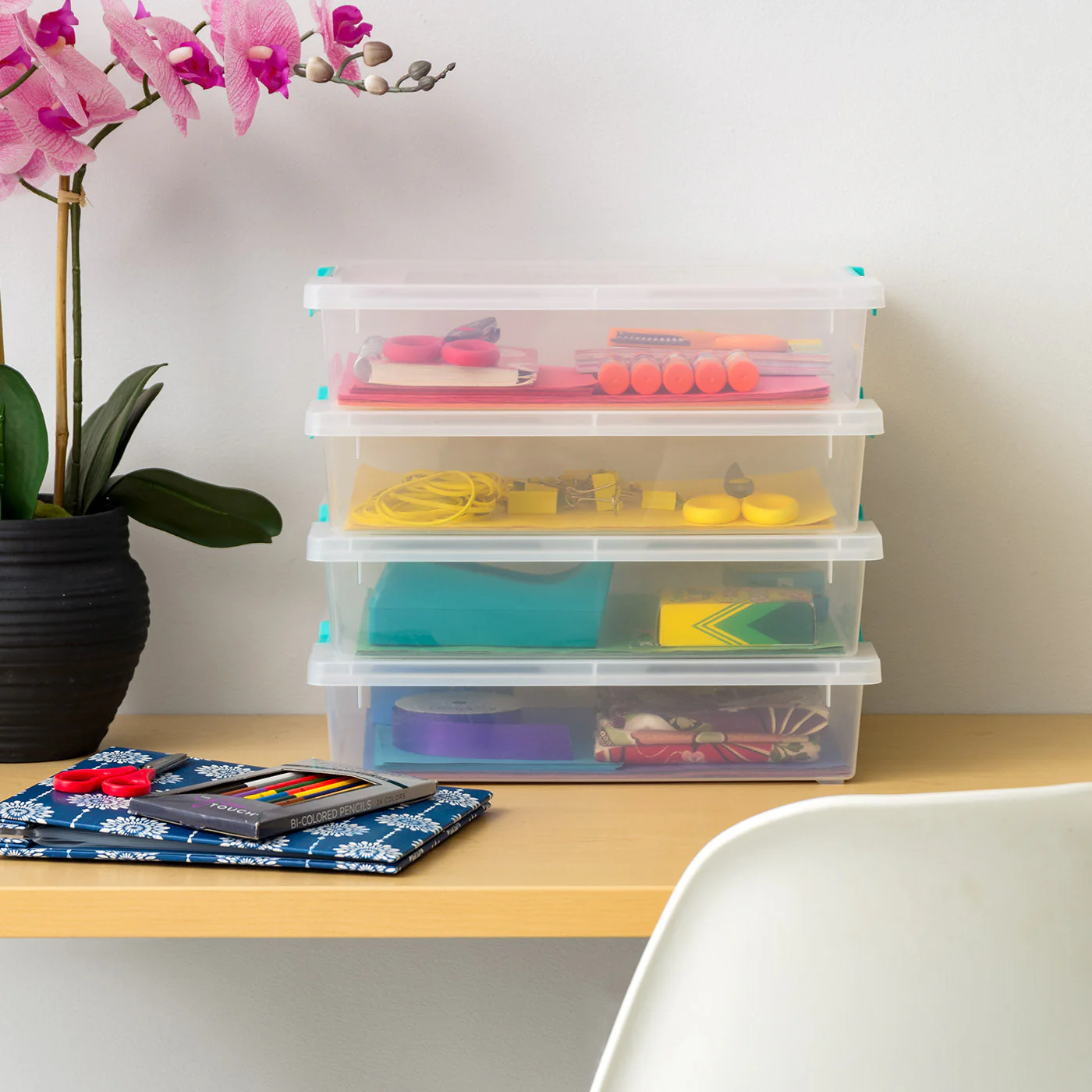 Storage-Bins with Lids, File Clip-Box, Organization and Storage Container for Office, School, Kids room, Craft room, 6 Qt, Clear/Seafoam Blue, 4 Pack - Image 3