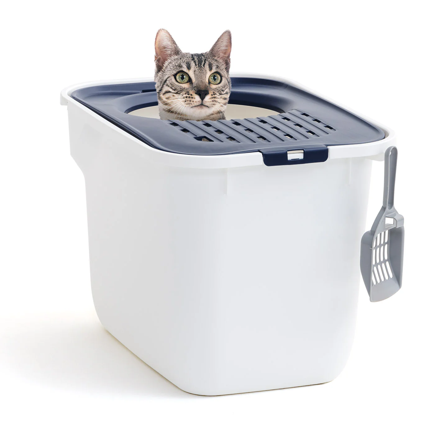 Top Entry Cat Litter Box with Litter Catching Grated Lid & Scoop, White/Navy Blue - Image 4