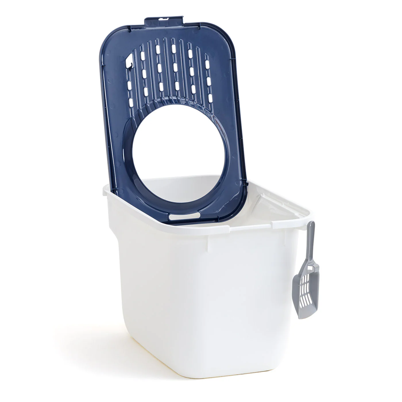 Top Entry Cat Litter Box with Litter Catching Grated Lid & Scoop, White/Navy Blue - Image 5