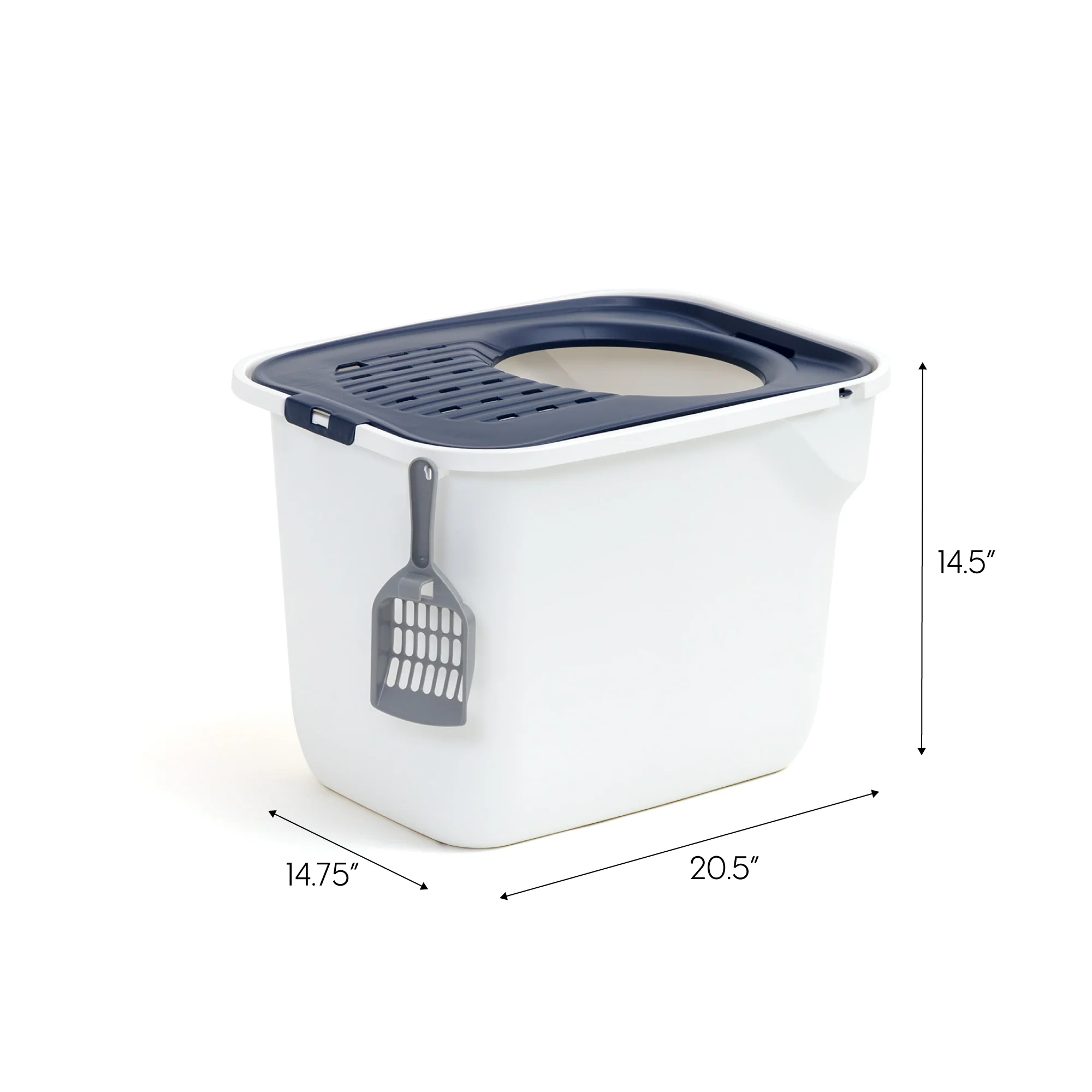 Top Entry Cat Litter Box with Litter Catching Grated Lid & Scoop, White/Navy Blue - Image 9