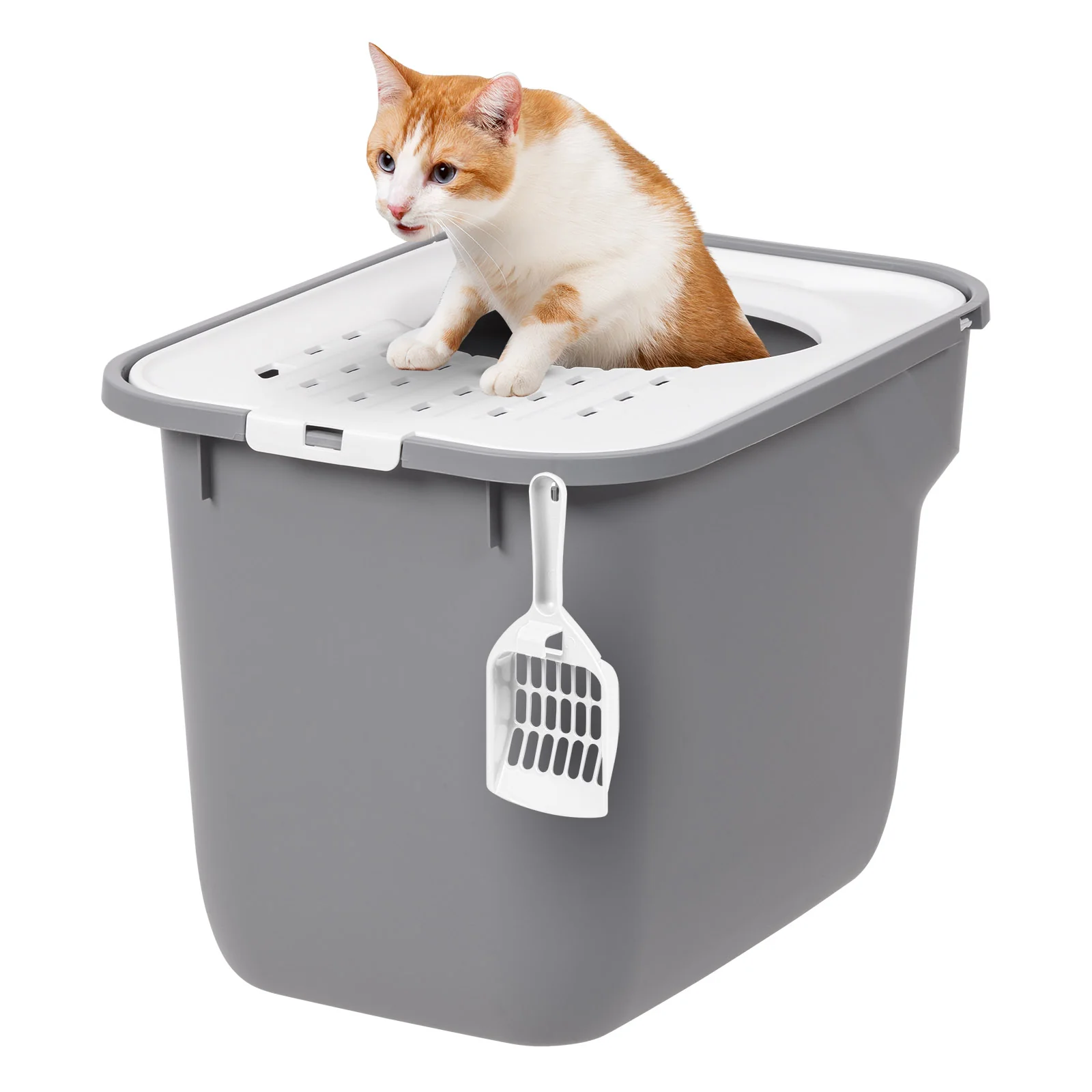 Top Entry Cat Litter Box with Scoop Large, White/Gray