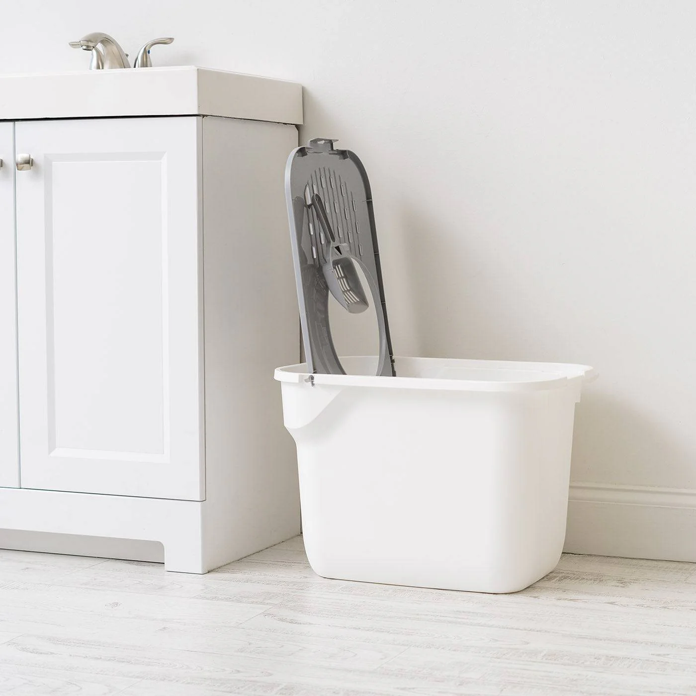 Top Entry Cat Litter Box with Scoop, White/Gray - Image 7