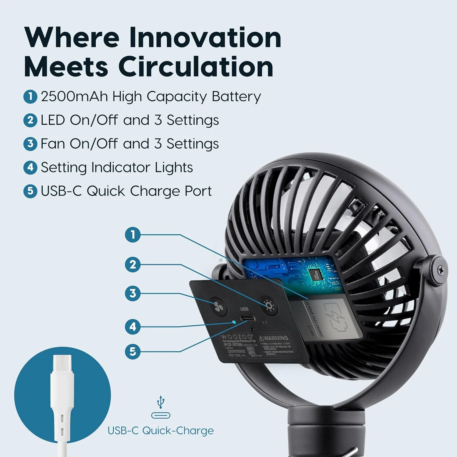 WOOZOO®  3.5" Cordless Portable Clip On Fan - Image 5