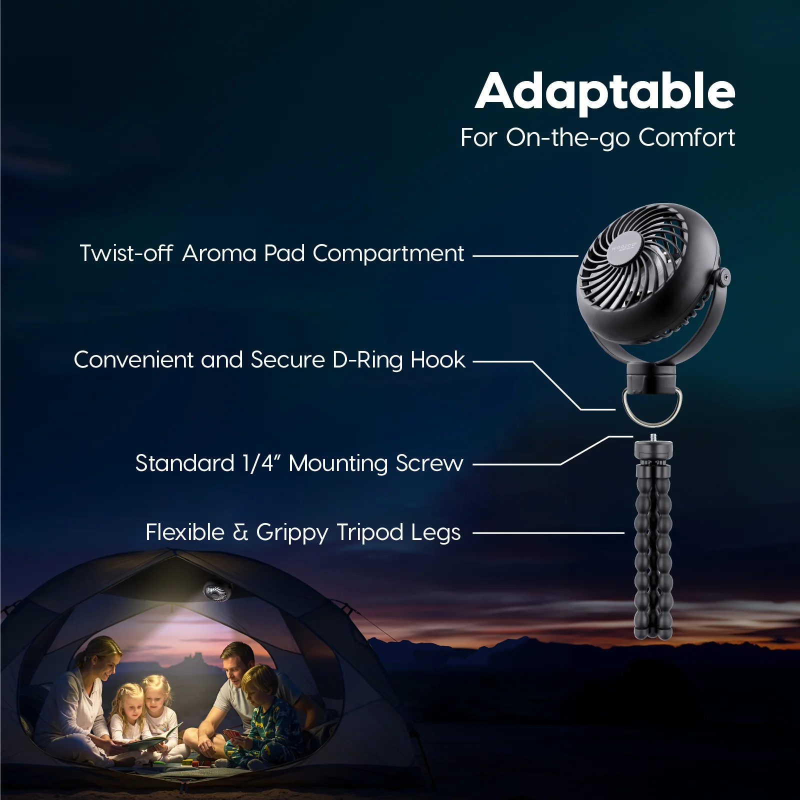 WOOZOO® Portable Fan - Cordless, Tripod, USB-C, LED, Aroma Tray - Image 10