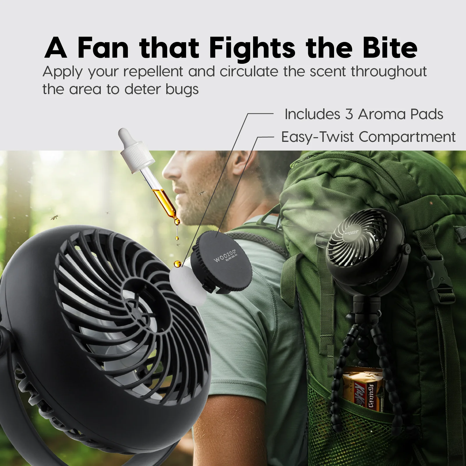 WOOZOO® Portable Fan - Cordless, Tripod, USB-C, LED, Aroma Tray - Image 3