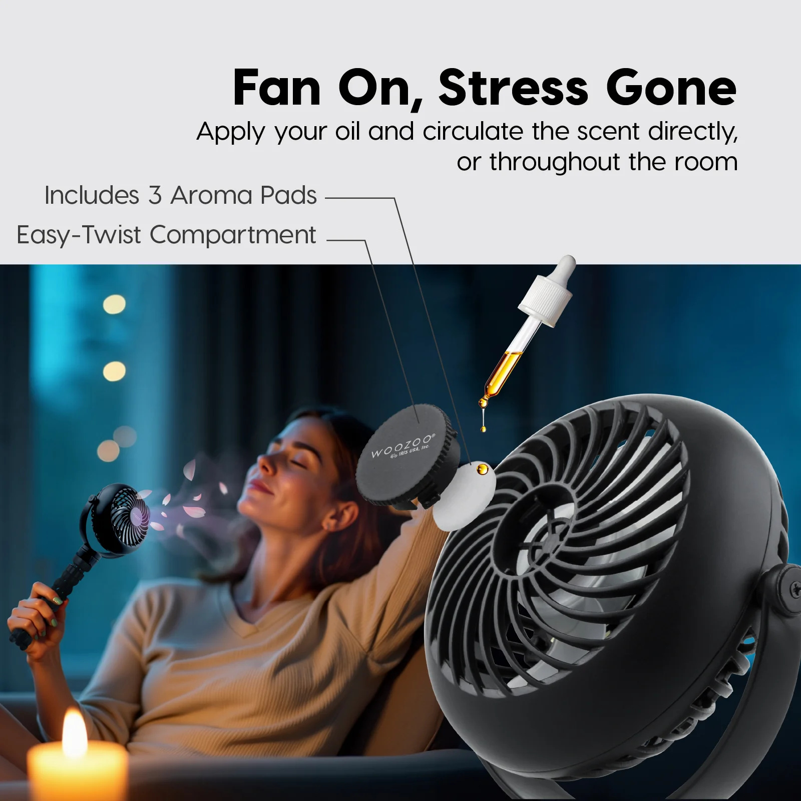 WOOZOO® Portable Fan - Cordless, Tripod, USB-C, LED, Aroma Tray - Image 4