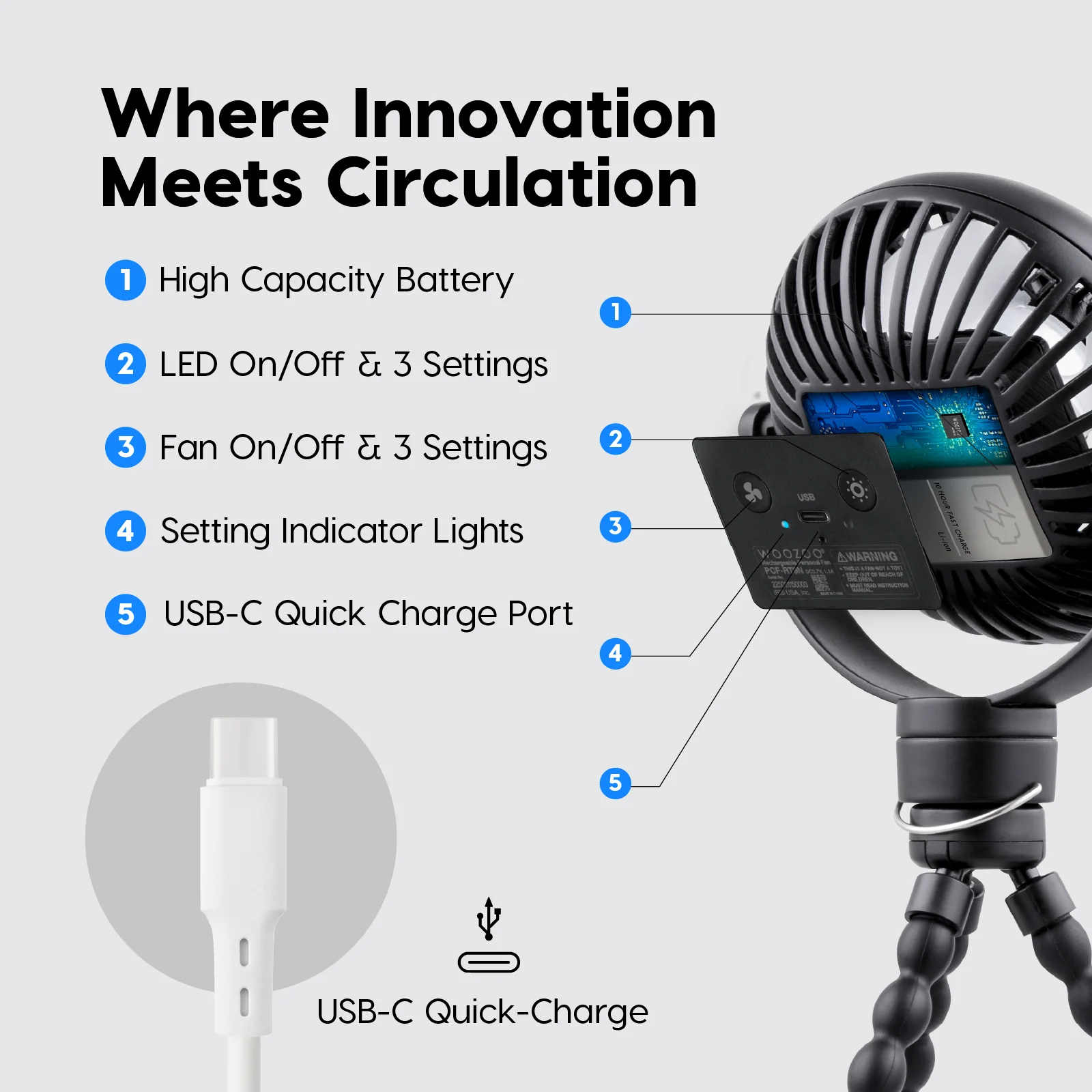 WOOZOO® Portable Fan - Cordless, Tripod, USB-C, LED, Aroma Tray - Image 6