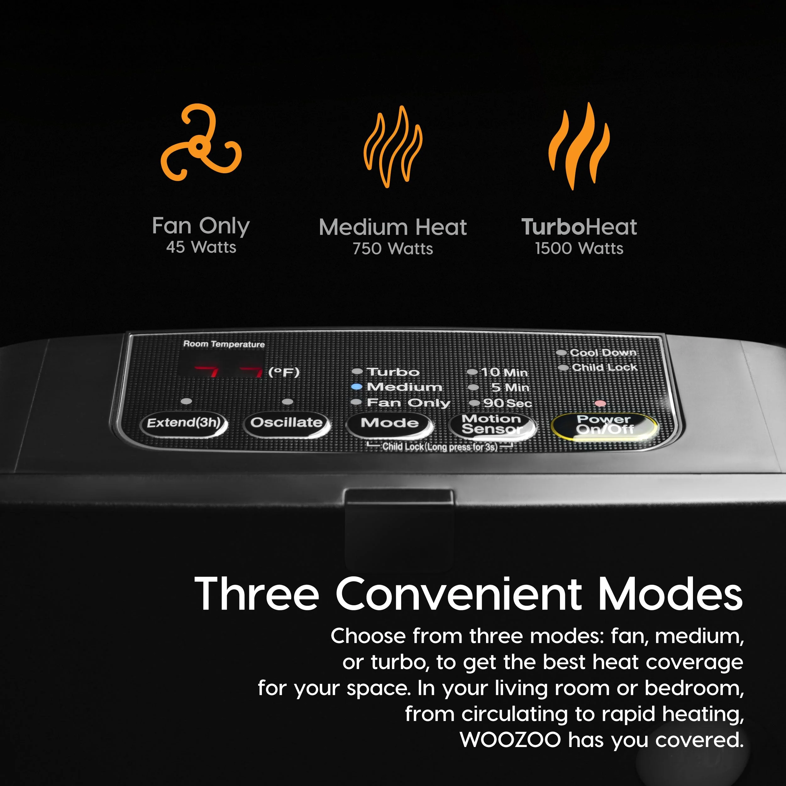WOOZOO Space Heater – Portable, Oscillating with Motion Sensor & Safety Features - Image 3